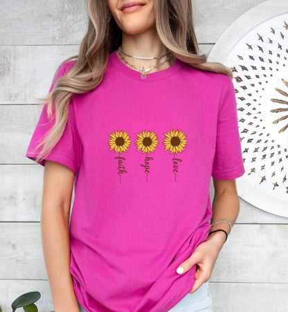 Faith Hope Love Sunflower Catholic Boho Church Shirt with Inspirational Bible Verse - Jesus Faith Religious - Raiden Gate Design