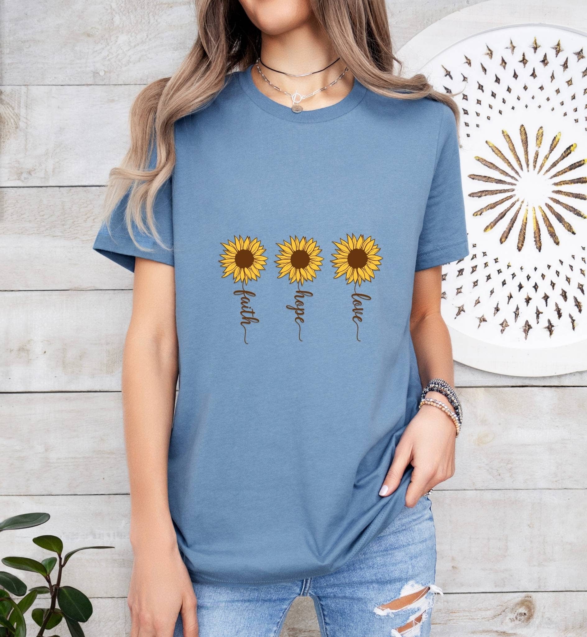 Faith Hope Love Sunflower Catholic Boho Church Shirt with Inspirational Bible Verse - Jesus Faith Religious - Raiden Gate Design