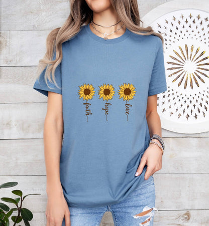 Faith Hope Love Sunflower Catholic Boho Church Shirt with Inspirational Bible Verse - Jesus Faith Religious - Raiden Gate Design