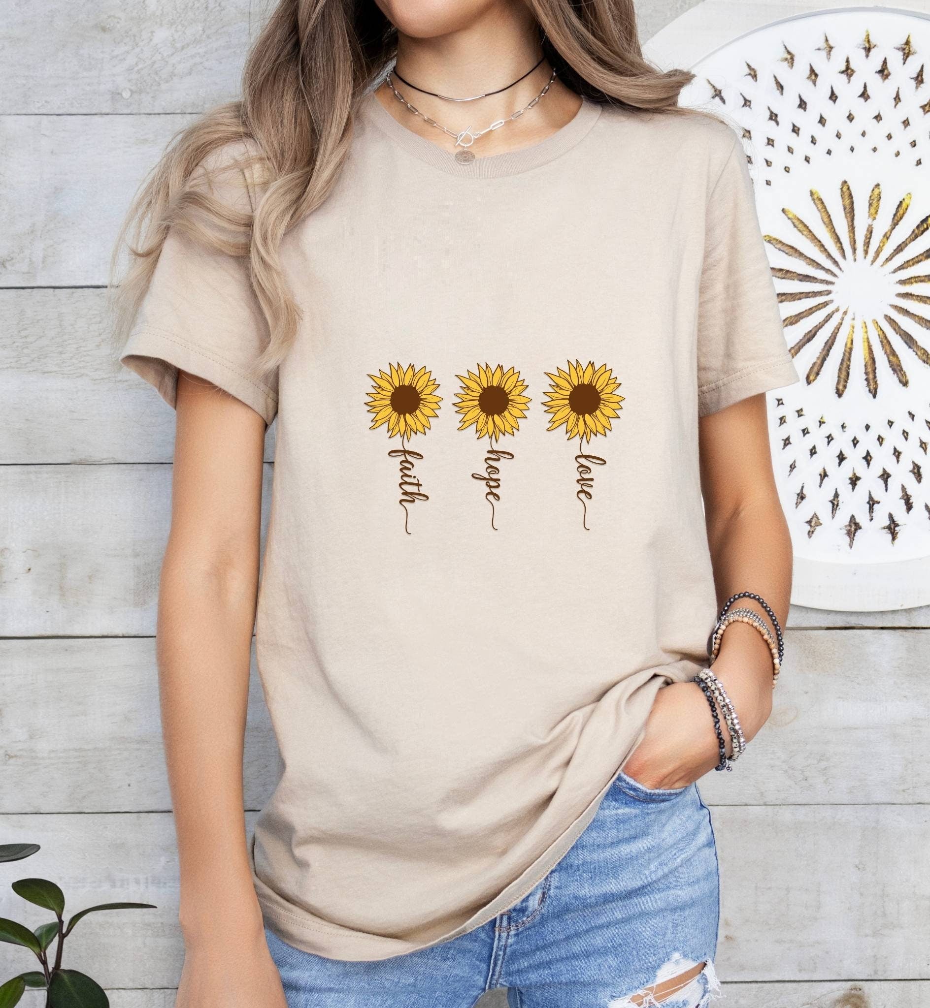 Faith Hope Love Sunflower Catholic Boho Church Shirt with Inspirational Bible Verse - Jesus Faith Religious - Raiden Gate Design