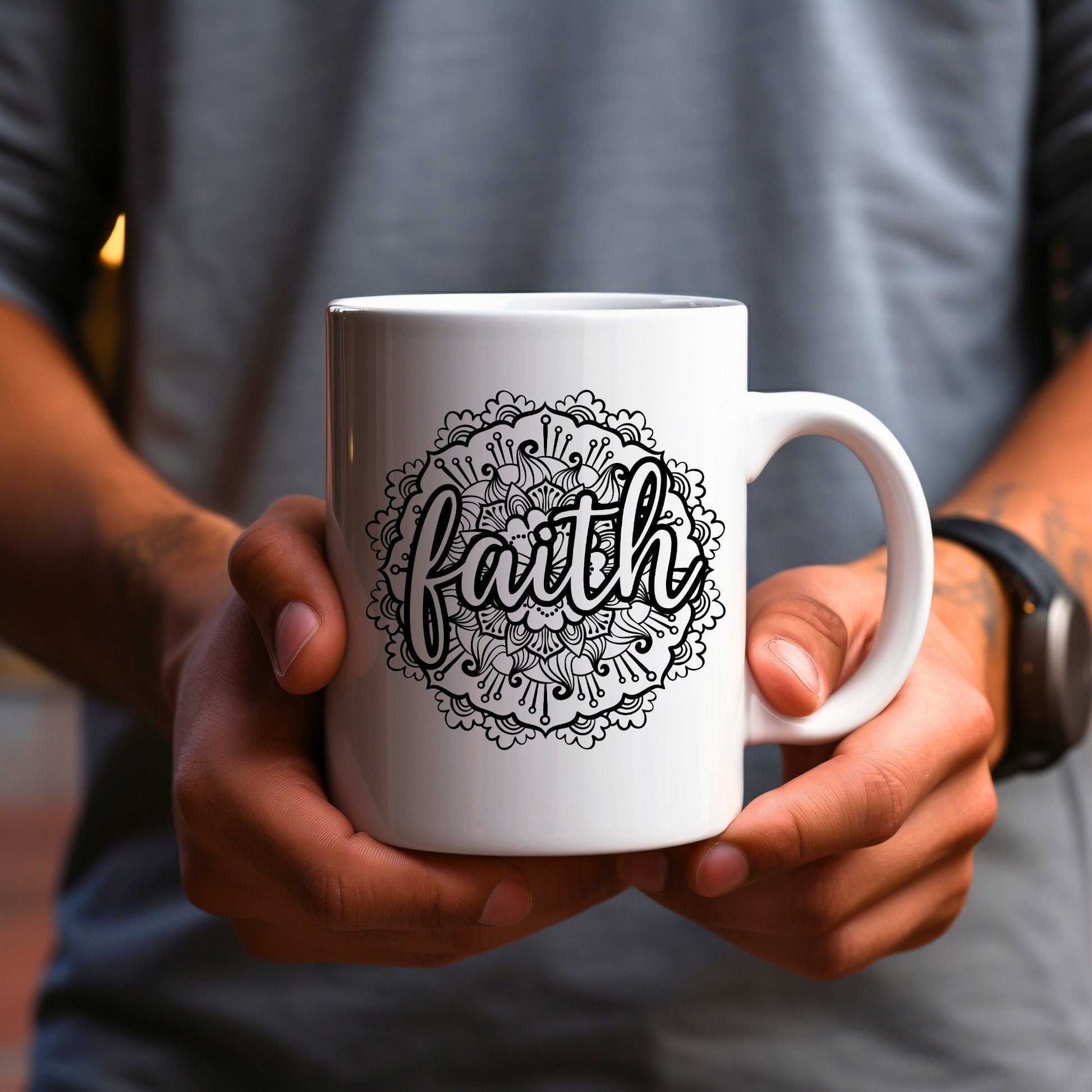 Faith Mandala - Bible Verse Faith Coffee Mug - Christian Religious Gift for Him - Dad Mug with Affirmations - Supportive Baptism Gift - Raiden Gate Design