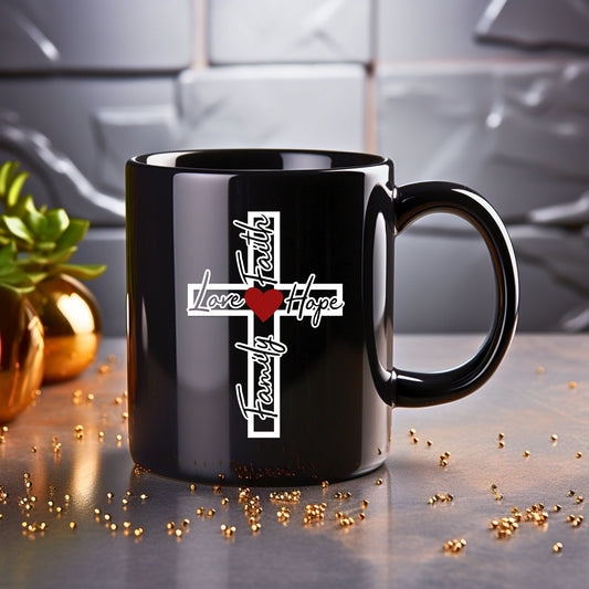 Family, Love, Faith, Hope Cross (frame) - Bible Verse Faith Mug - Christian Religious - Dad Mug with Affirmations - Supportive Baptism Gift - Raiden Gate Design
