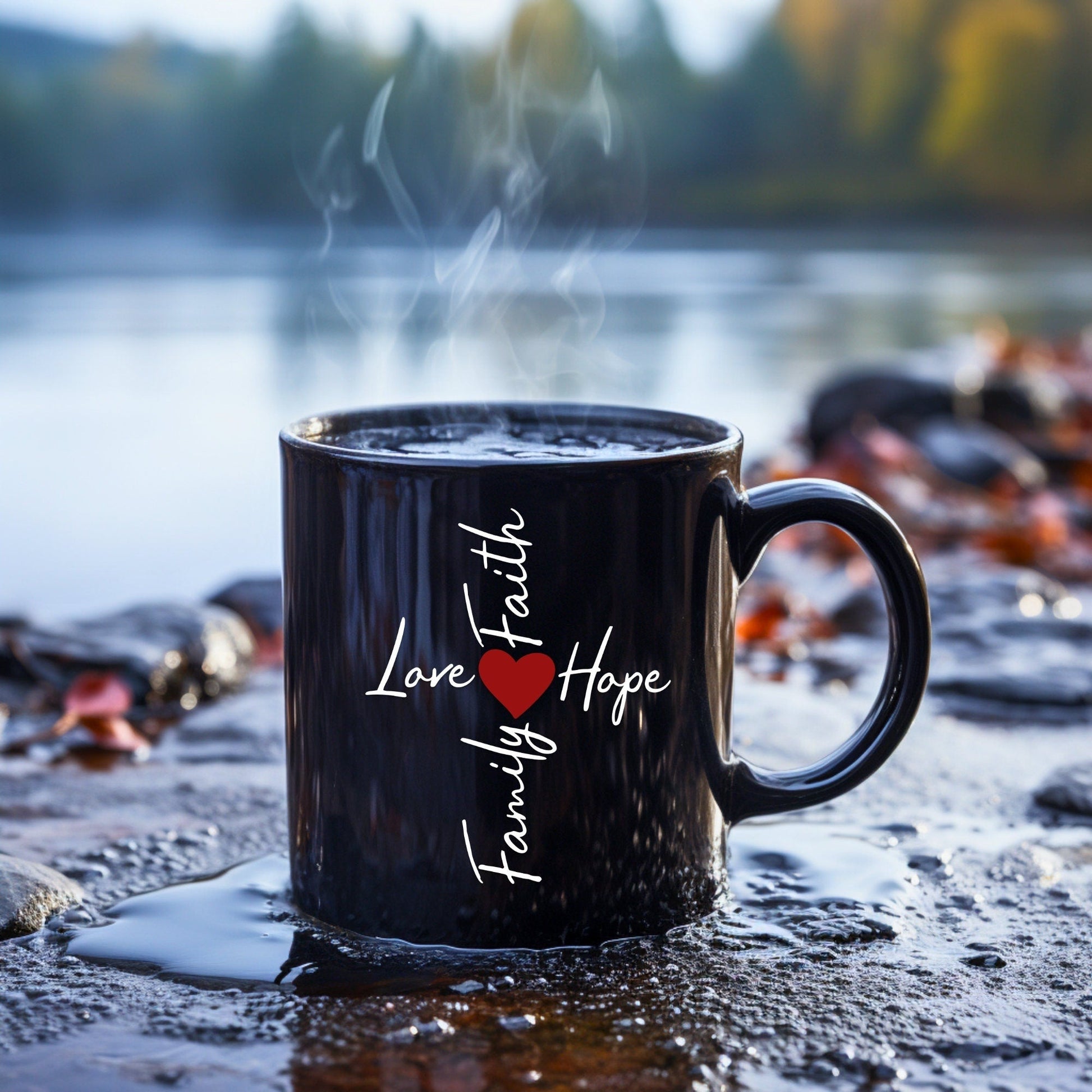 Family, Love, Faith, Hope Word Cross - Bible Verse Faith Mug - Supportive Baptism Gift - Raiden Gate Design
