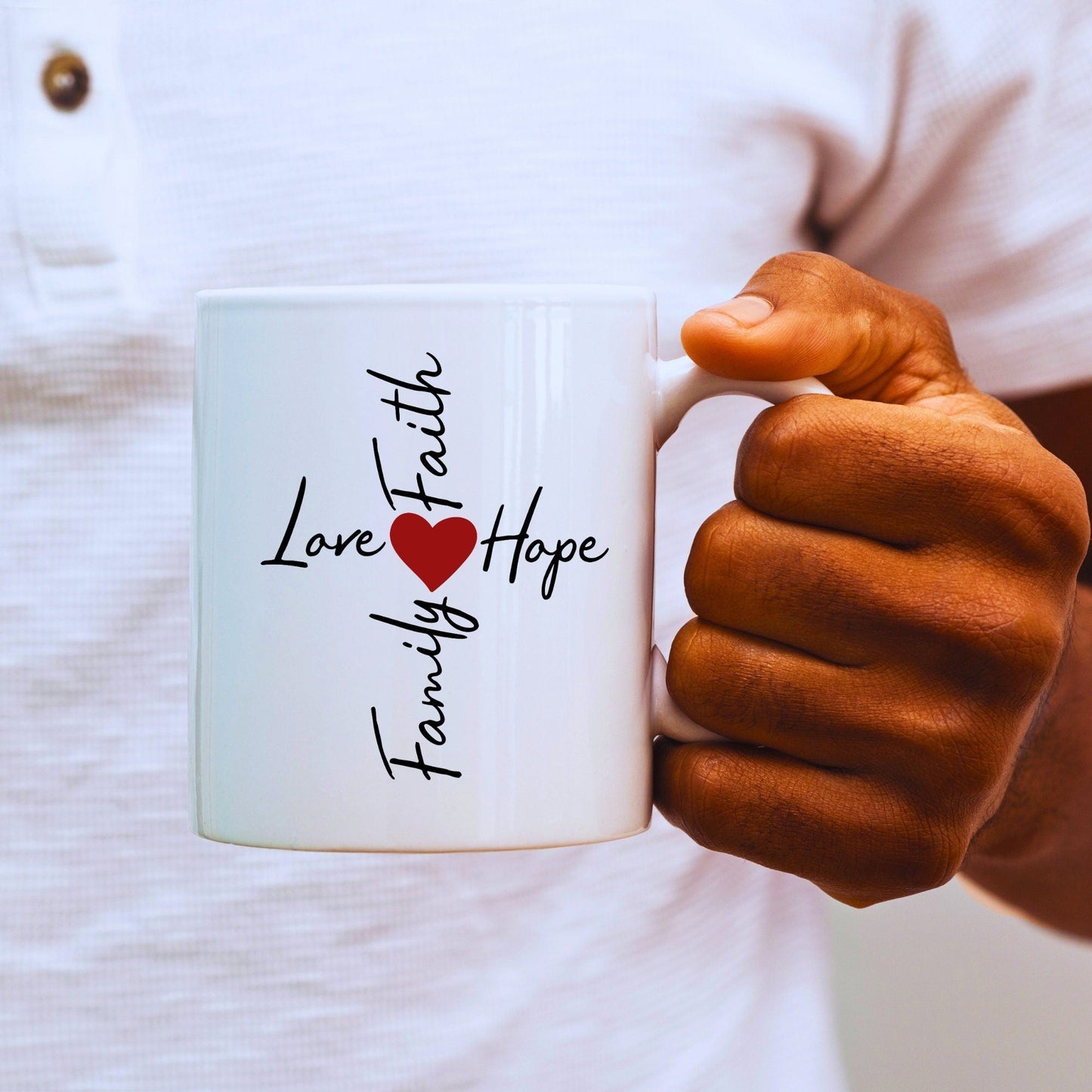 Family, Love, Faith, Hope Word Cross - Bible Verse Faith Mug - Supportive Baptism Gift - Raiden Gate Design