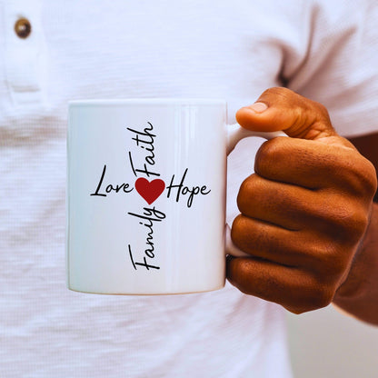 Family, Love, Faith, Hope Word Cross - Bible Verse Faith Mug - Supportive Baptism Gift - Raiden Gate Design