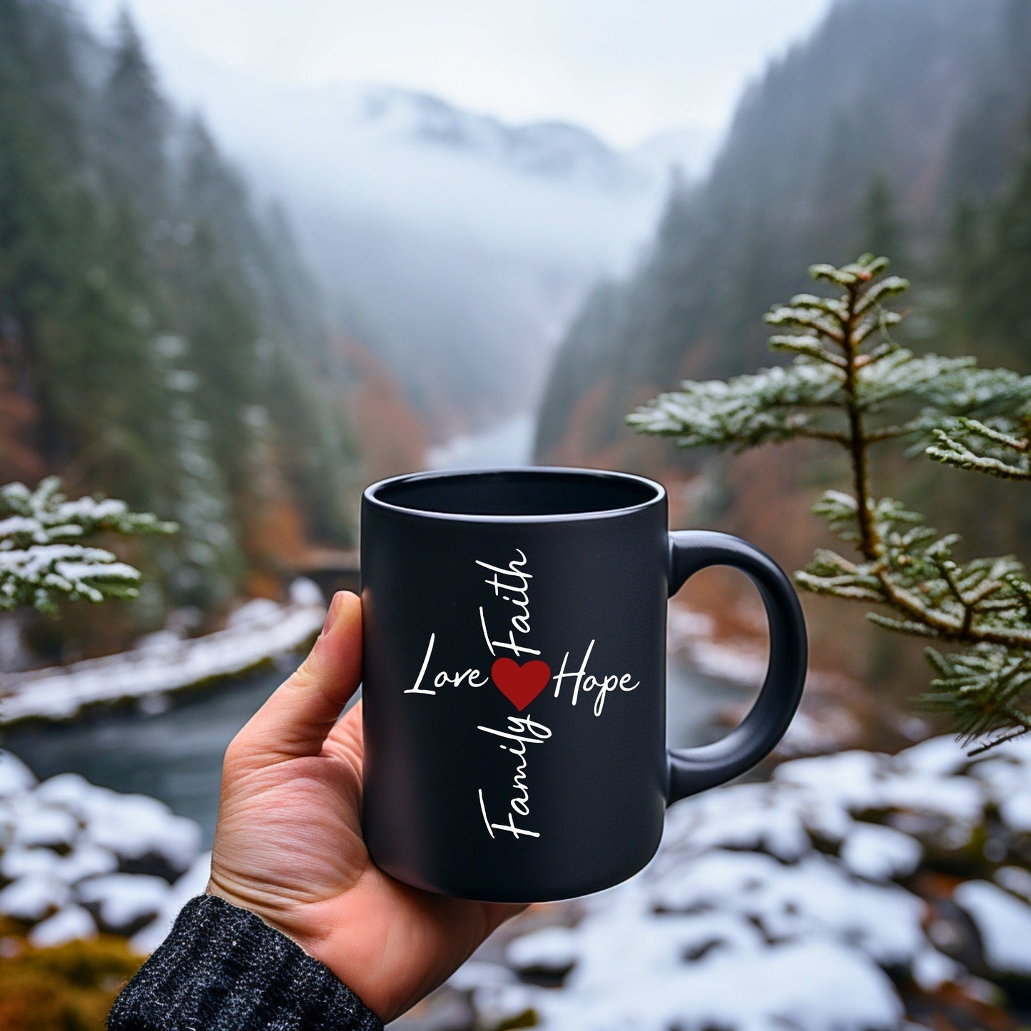 Family, Love, Faith, Hope Word Cross - Bible Verse Faith Mug -  Supportive Baptism Gift - Raiden Gate Design