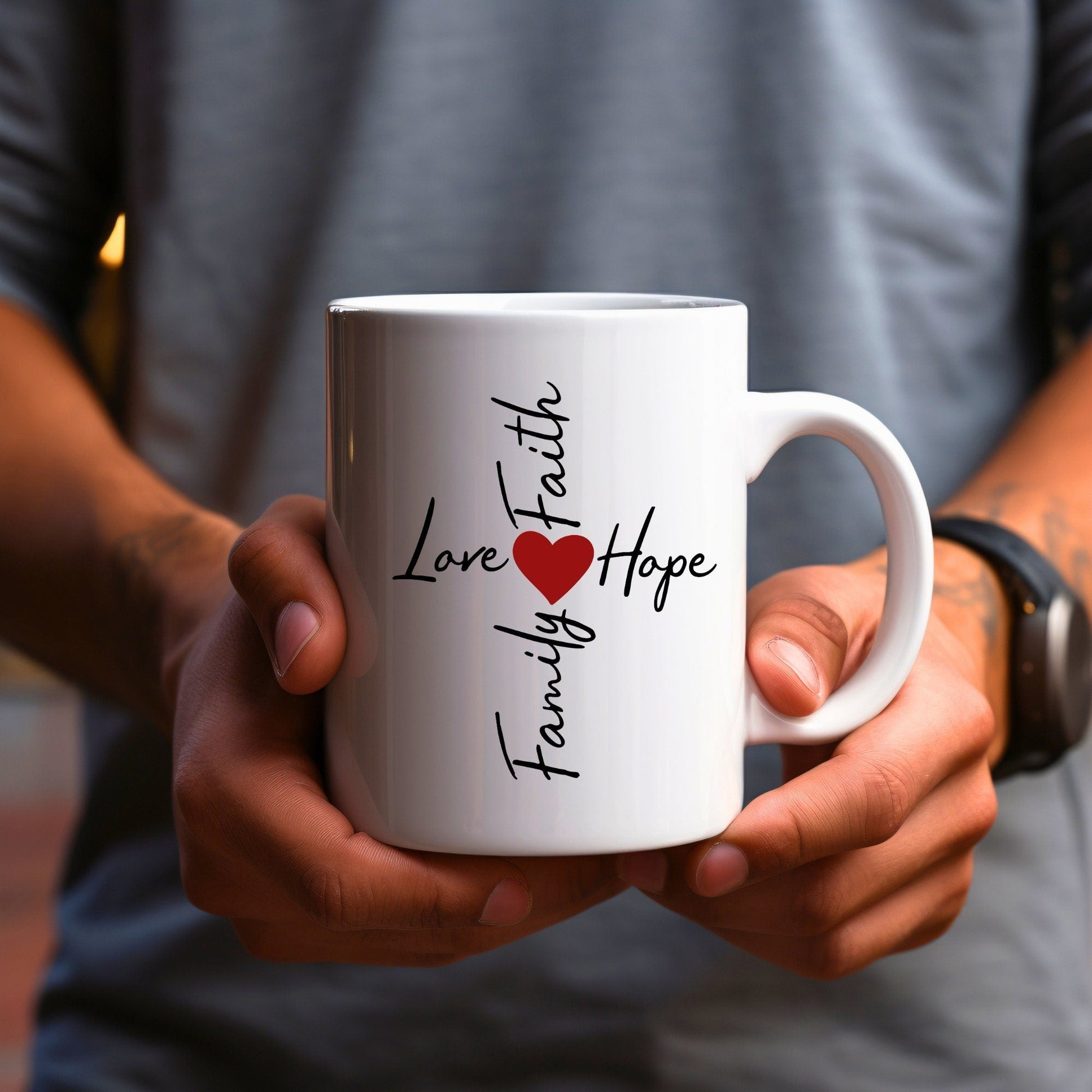 Family, Love, Faith, Hope Word Cross - Bible Verse Faith Mug - Supportive Baptism Gift - Raiden Gate Design