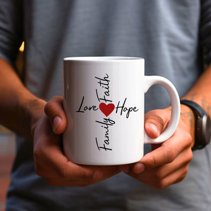 Family, Love, Faith, Hope Word Cross - Bible Verse Faith Mug - Supportive Baptism Gift - Raiden Gate Design