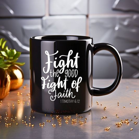 Fight the Good Fight of Faith - Bible Verse Faith Coffee Mug - Christian Religious - Dad Mug with Affirmations - Supportive Baptism Gift - Raiden Gate Design