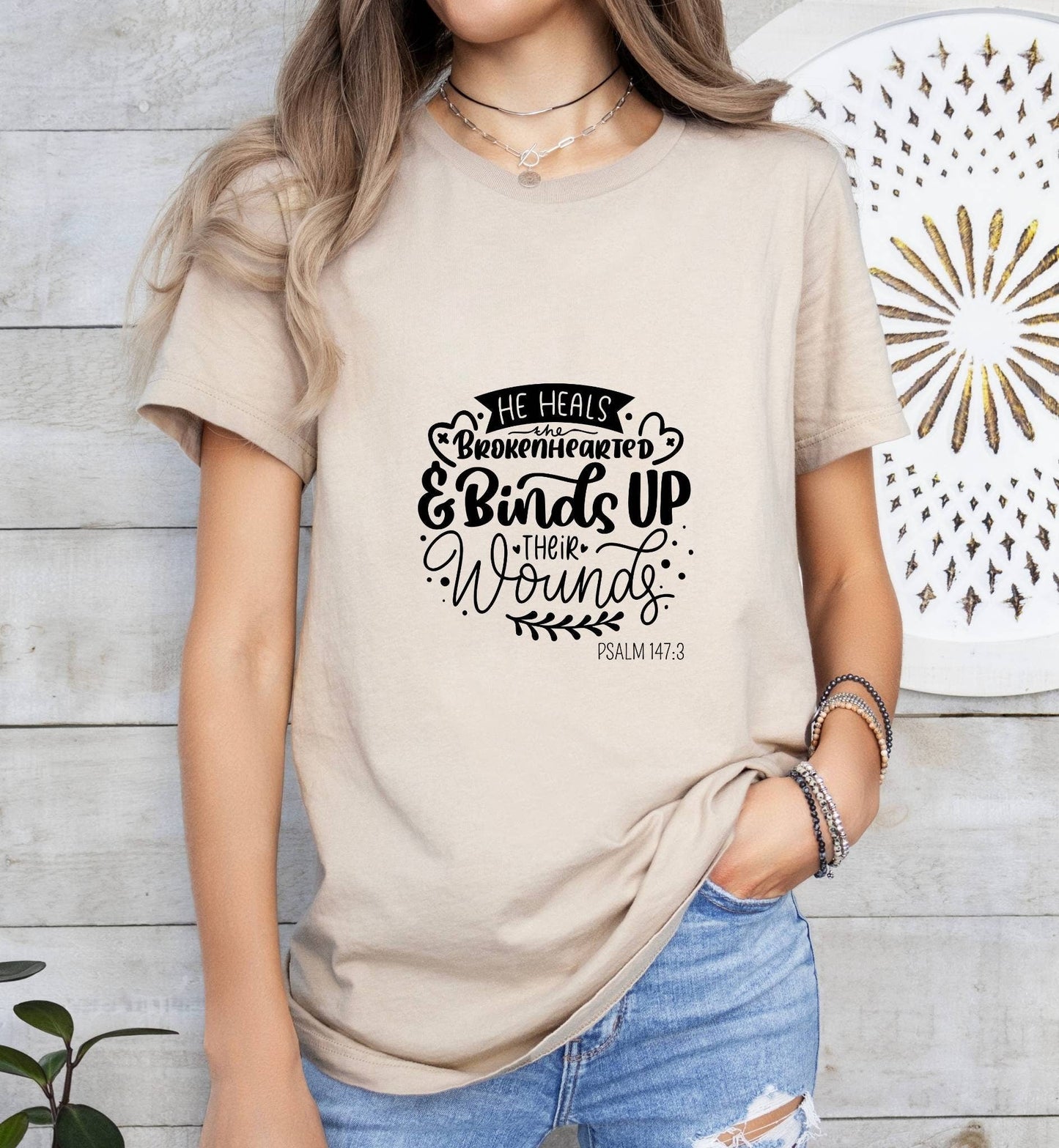 He Heals the Brokenhearted Catholic Boho Church Shirt with Inspirational Bible Verse - Jesus Faith Religious - Raiden Gate Design