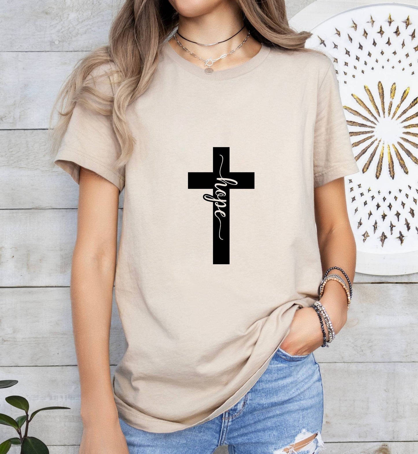 Hope Cross Catholic Boho Church Shirt with Inspirational Bible Verse - Jesus Faith Religious - Raiden Gate Design