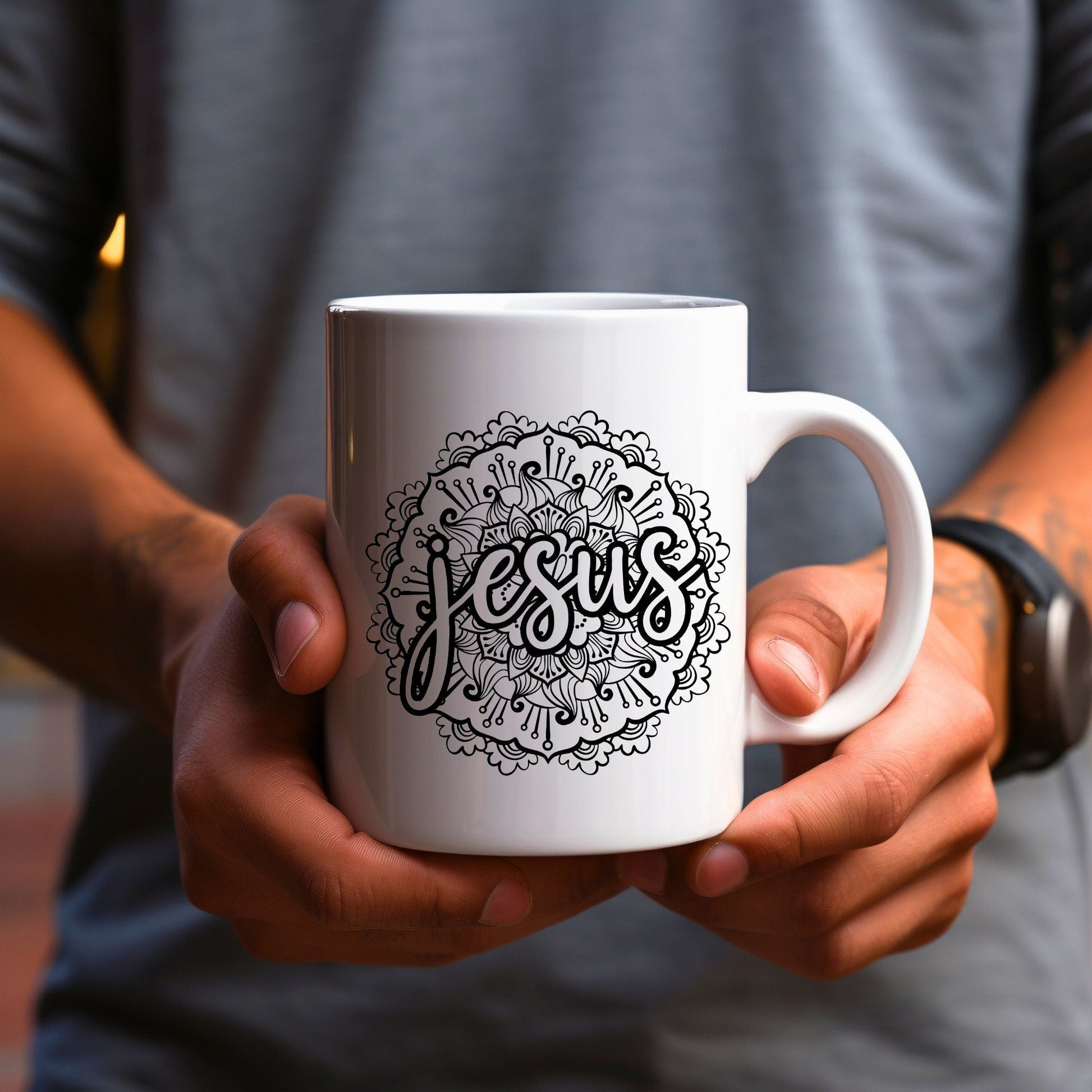 Jesus Mandala Mug - Bible Verse Faith Coffee Mug - Christian Religious Gift for Him - Dad Mug with Affirmations - Supportive Baptism Gift - Raiden Gate Design