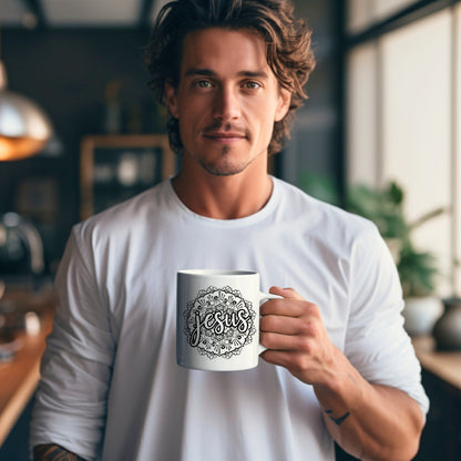 Jesus Mandala Mug - Bible Verse Faith Coffee Mug - Christian Religious Gift for Him - Dad Mug with Affirmations - Supportive Baptism Gift - Raiden Gate Design
