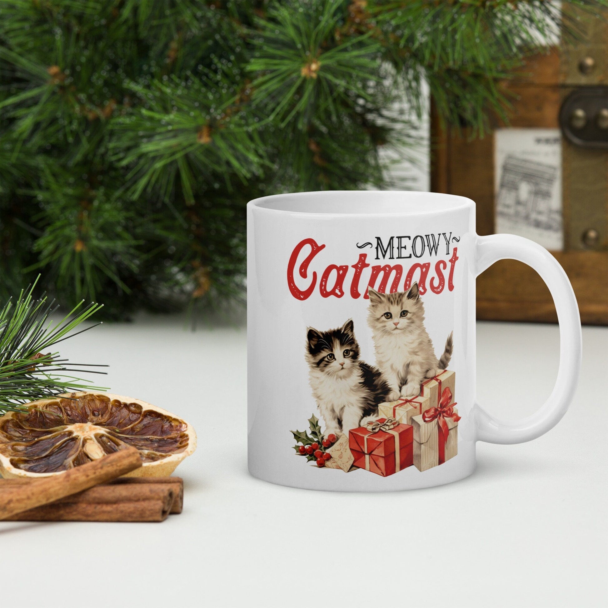 Meowy Catmast Cat Vintage Christmas Coffee Mug | Funny Gnome Christmas Mug | Cute Christmas Season Mug for Kids - Raiden Gate Design