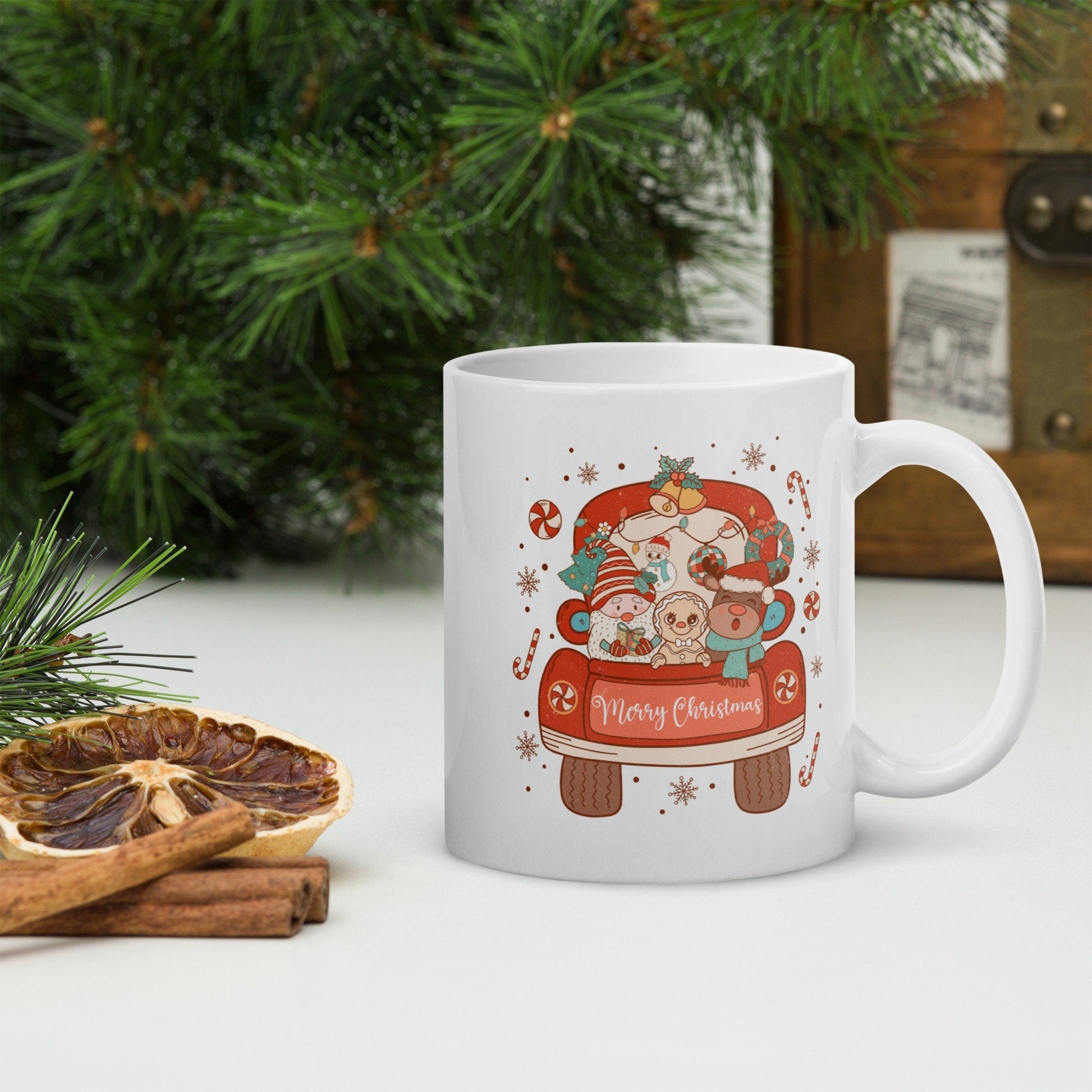 Merry Christmas Car Vintage Christmas Coffee Mug | Funny Gnome Christmas Mug | Cute Christmas Season Mug for Kids - Raiden Gate Design
