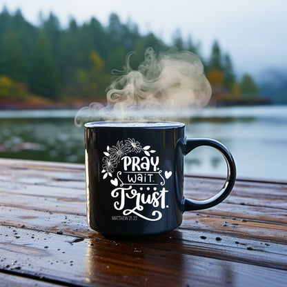 Pray Wait Trust Mug - Bible Verse Faith Coffee Mug - Christian Religious Gift for Him - Dad Mug with Affirmations - Supportive Baptism Gift - Raiden Gate Design