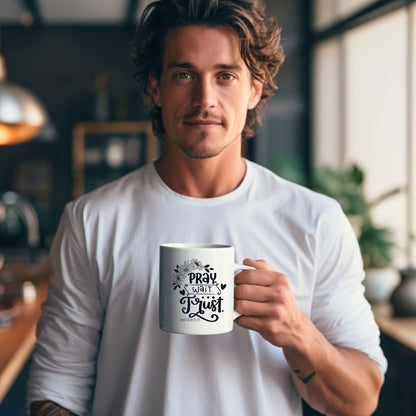 Pray Wait Trust Mug - Bible Verse Faith Coffee Mug - Christian Religious Gift for Him - Dad Mug with Affirmations - Supportive Baptism Gift - Raiden Gate Design
