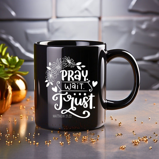 Pray Wait Trust Mug - Bible Verse Faith Coffee Mug - Christian Religious Gift for Him - Dad Mug with Affirmations - Supportive Baptism Gift - Raiden Gate Design