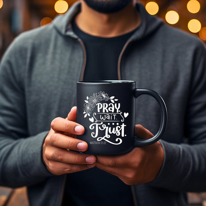 Pray Wait Trust Mug - Bible Verse Faith Coffee Mug - Christian Religious Gift for Him - Dad Mug with Affirmations - Supportive Baptism Gift - Raiden Gate Design