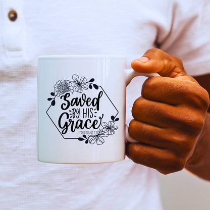 Saved by His grace - Bible Verse Faith Coffee Mug - Christian Religious Gift for Him - Dad Mug with Affirmations - Supportive Baptism Gift - Raiden Gate Design