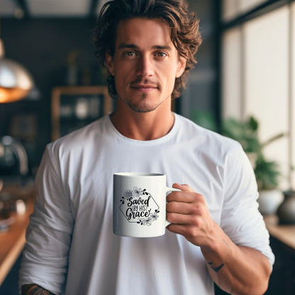 Saved by His grace - Bible Verse Faith Coffee Mug - Christian Religious Gift for Him - Dad Mug with Affirmations - Supportive Baptism Gift - Raiden Gate Design