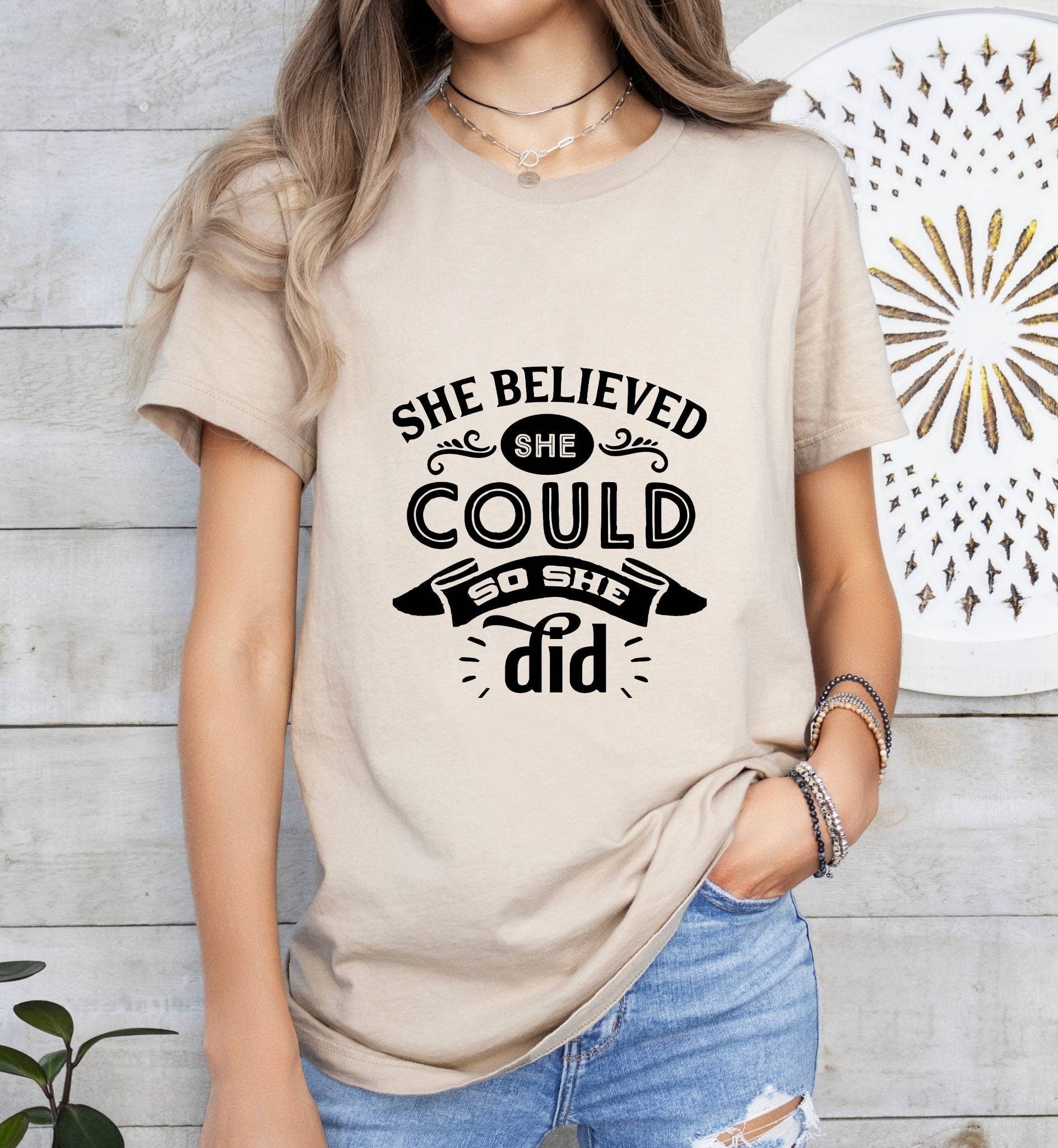 She Believed She Could, so She Did Catholic Boho Church Shirt with Inspirational Bible Verse - Jesus Faith Religious - Raiden Gate Design