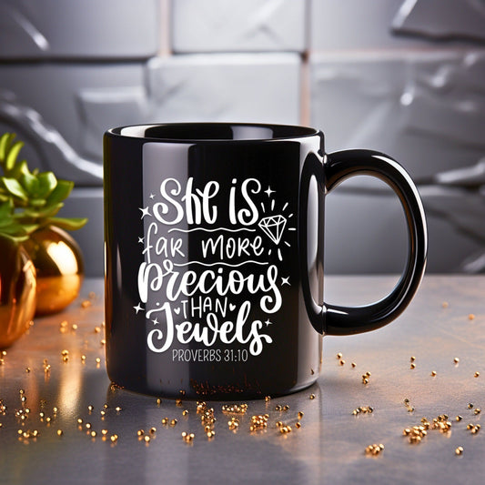 She is far more precious than jewels - Bible Verse Faith Mug - Christian Religious - Dad Mug with Affirmations - Supportive Baptism Gift - Raiden Gate Design
