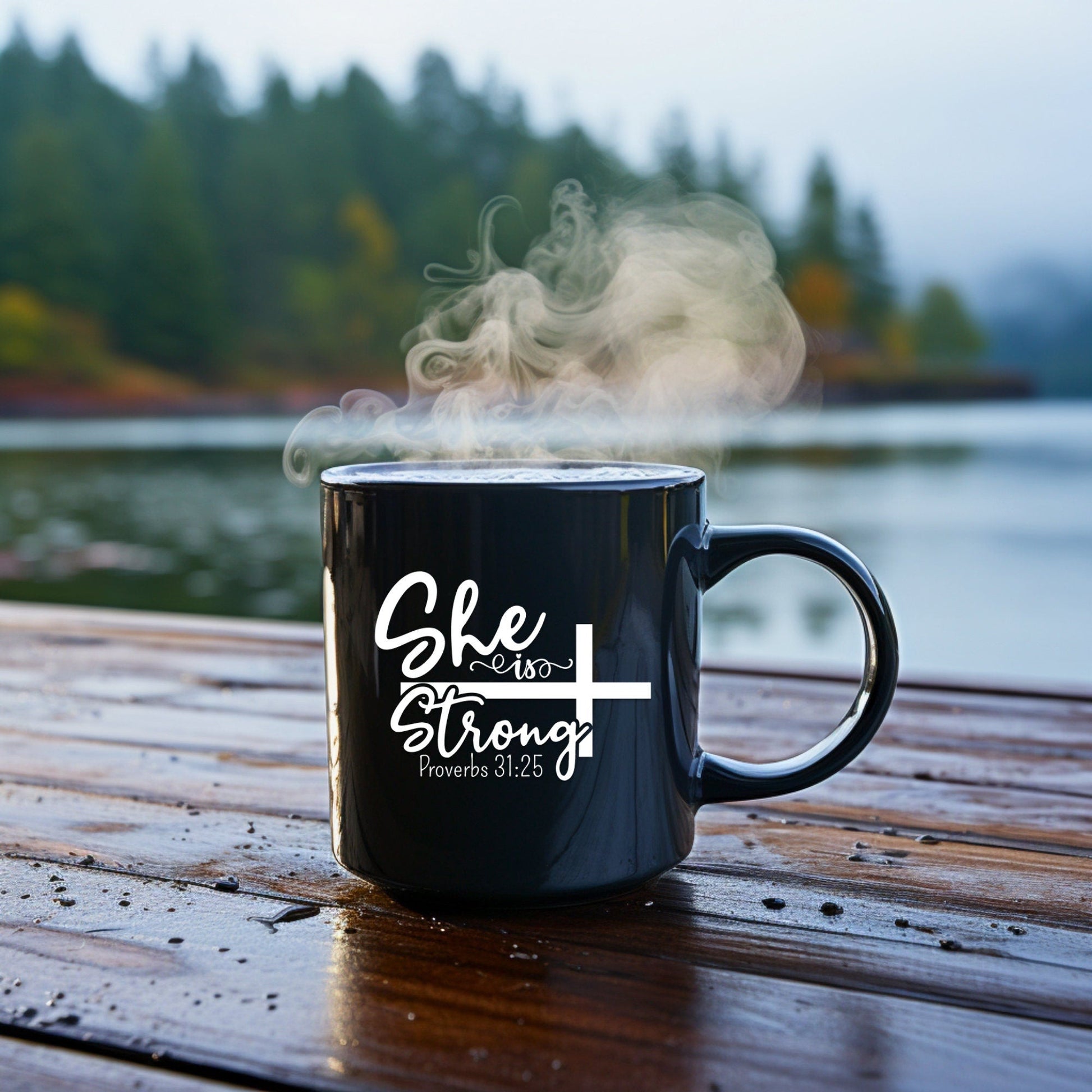 She is Strong - Bible Verse Faith Coffee Mug - Christian Religious Gift for Him - Dad Mug with Affirmations - Supportive Baptism Gift - Raiden Gate Design
