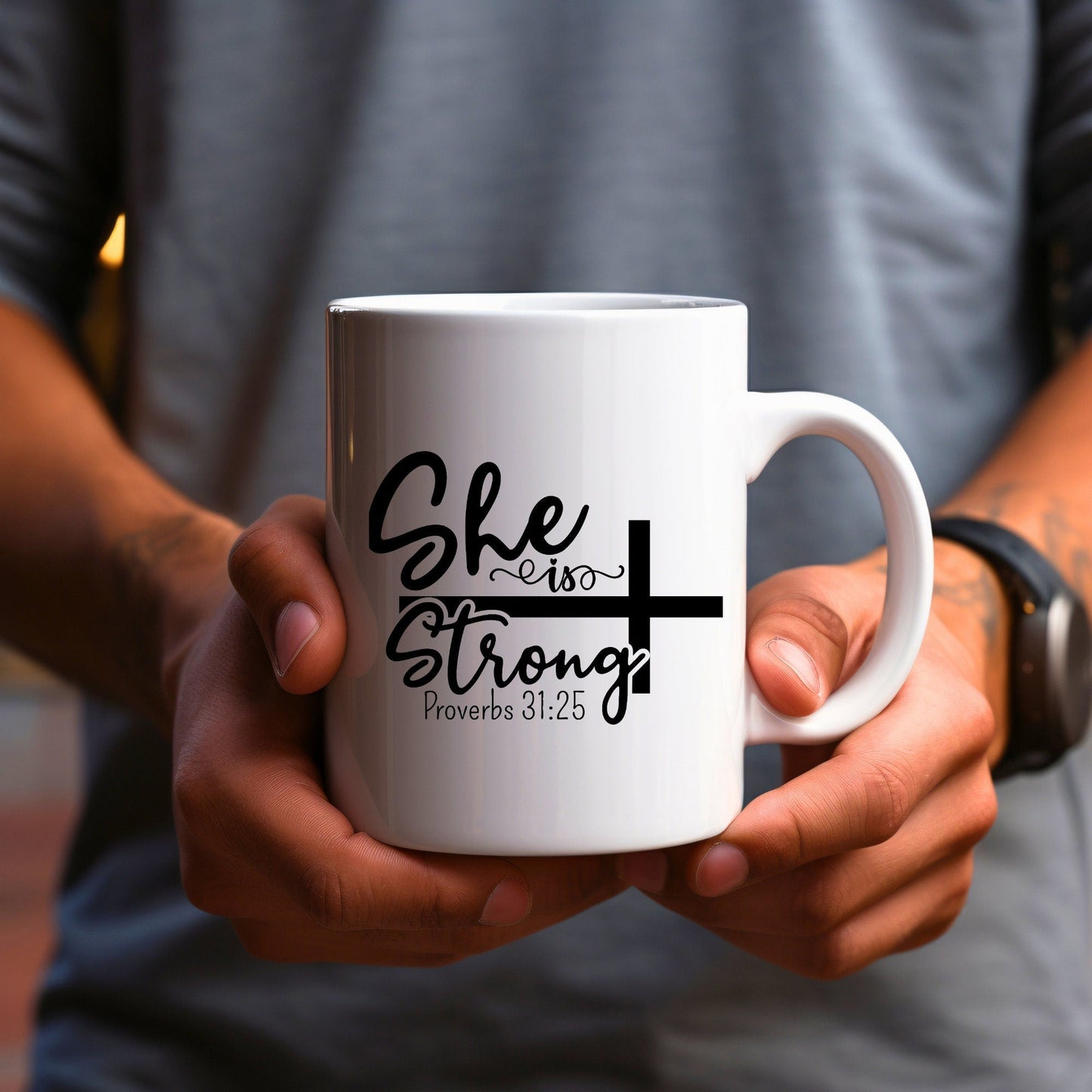 She is Strong - Bible Verse Faith Coffee Mug - Christian Religious Gift for Him - Dad Mug with Affirmations - Supportive Baptism Gift - Raiden Gate Design