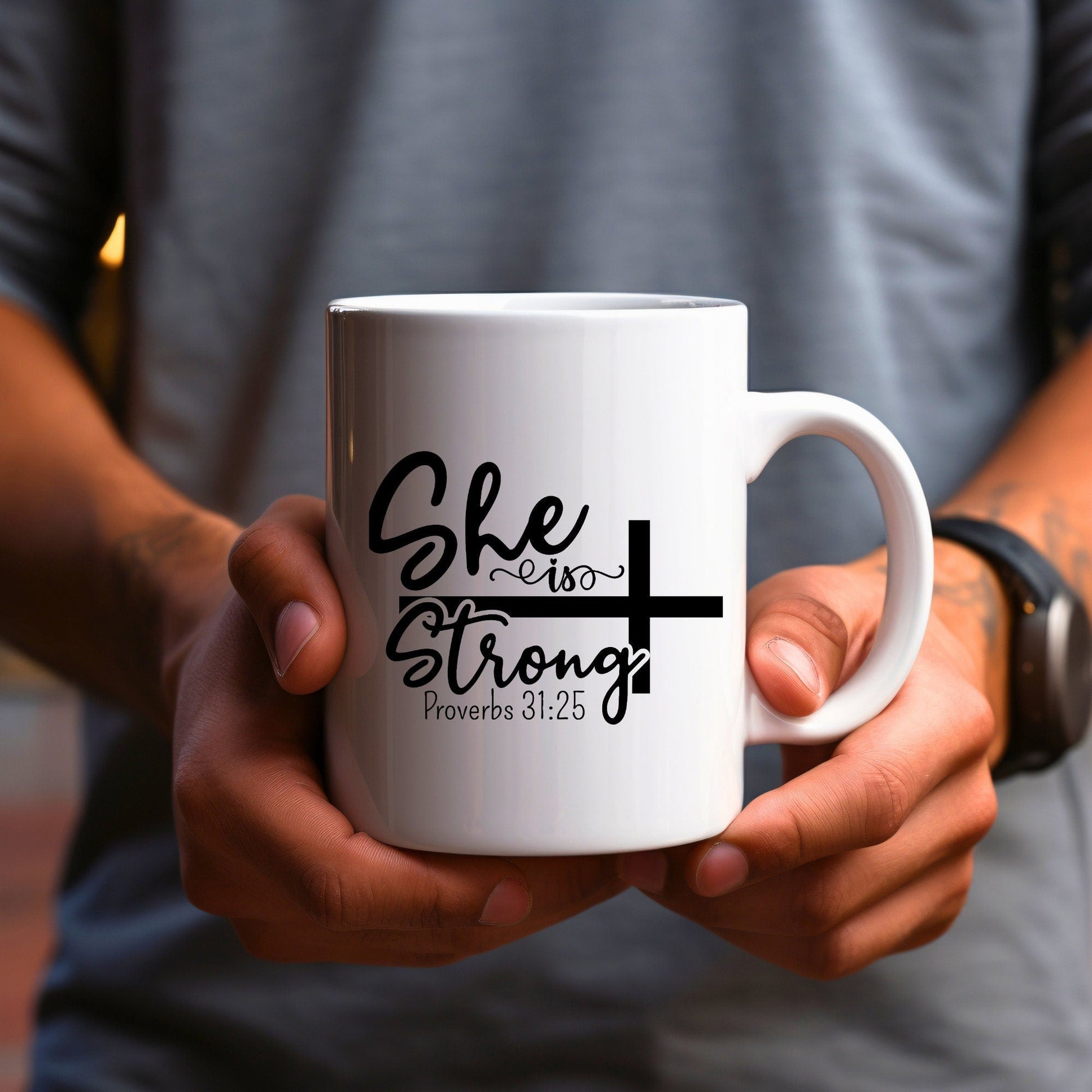 She is Strong - Bible Verse Faith Coffee Mug - Christian Religious Gift for Him - Dad Mug with Affirmations - Supportive Baptism Gift - Raiden Gate Design