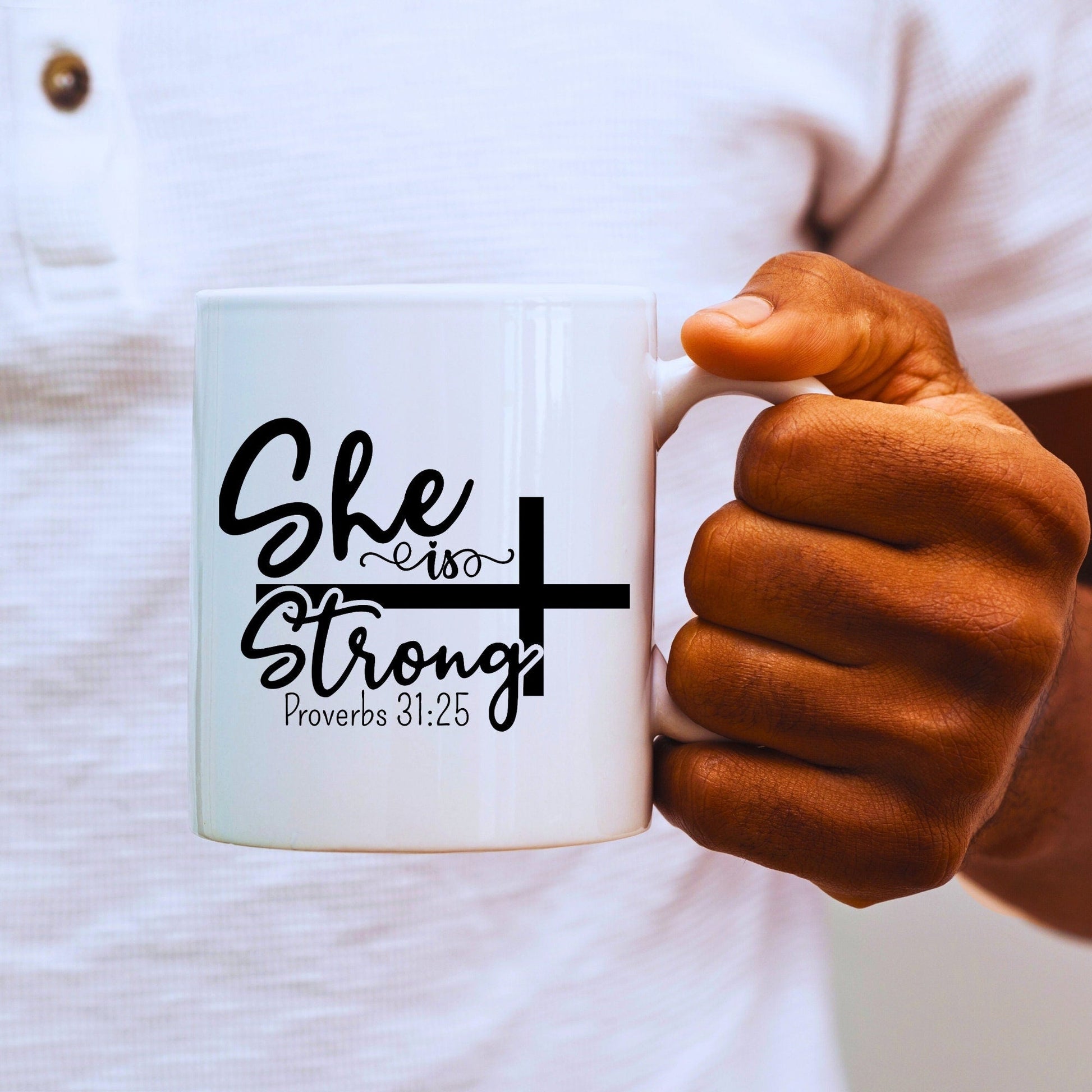 She is Strong - Bible Verse Faith Coffee Mug - Christian Religious Gift for Him - Dad Mug with Affirmations - Supportive Baptism Gift - Raiden Gate Design