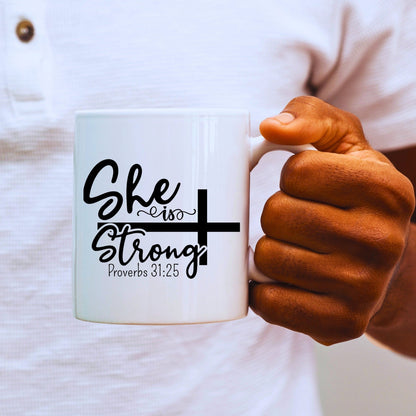 She is Strong - Bible Verse Faith Coffee Mug - Christian Religious Gift for Him - Dad Mug with Affirmations - Supportive Baptism Gift - Raiden Gate Design