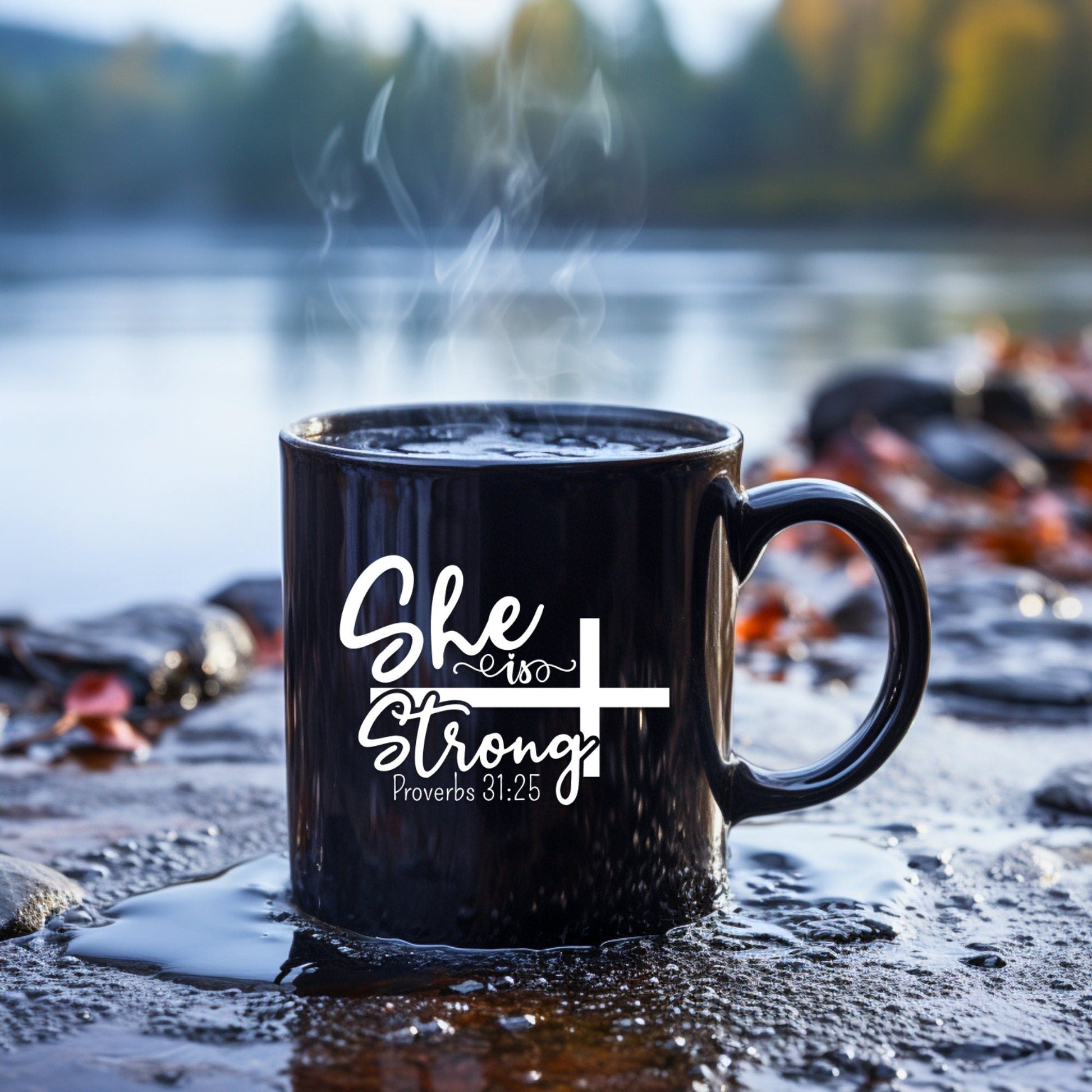 She is Strong - Bible Verse Faith Coffee Mug - Christian Religious Gift for Him - Dad Mug with Affirmations - Supportive Baptism Gift - Raiden Gate Design