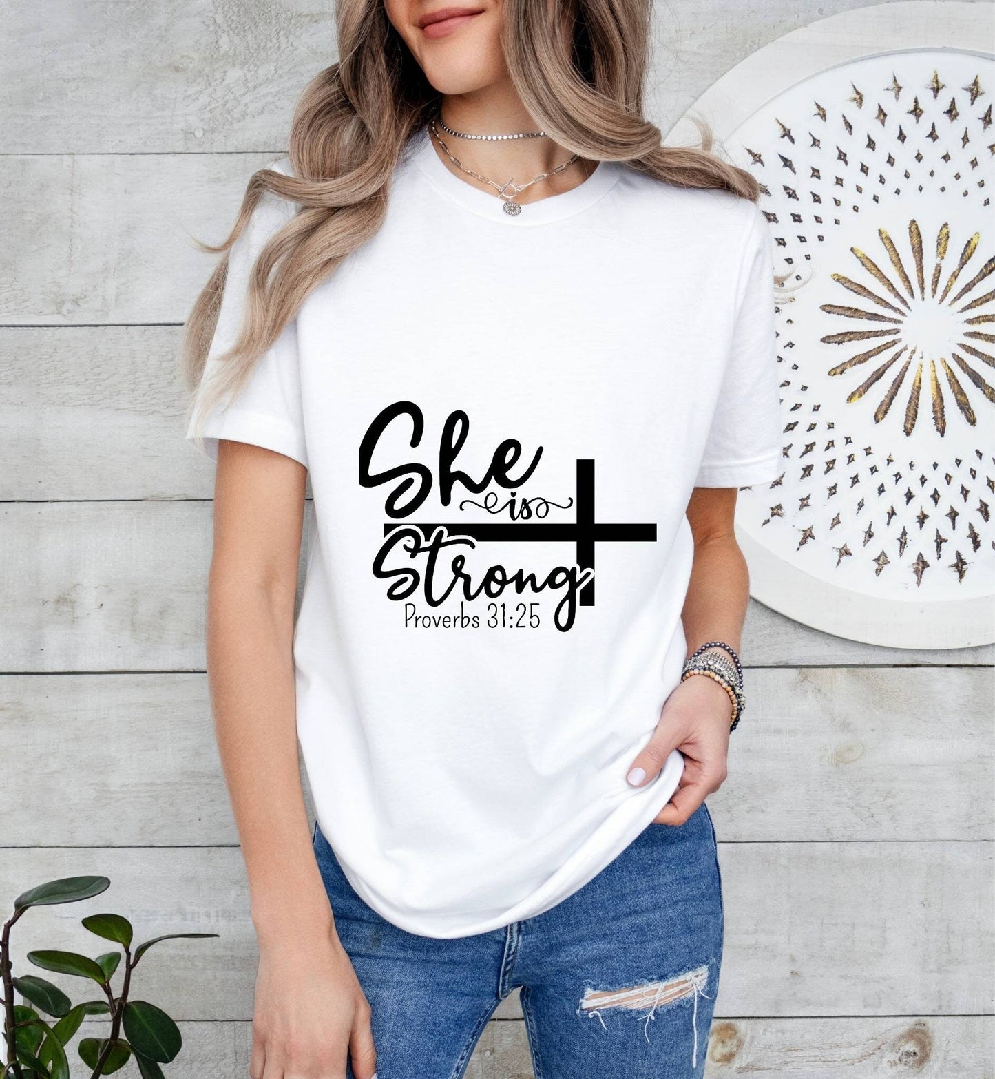 She is Strong Catholic Boho Church Shirt with Inspirational Bible Verse - Jesus Faith Religious - Raiden Gate Design