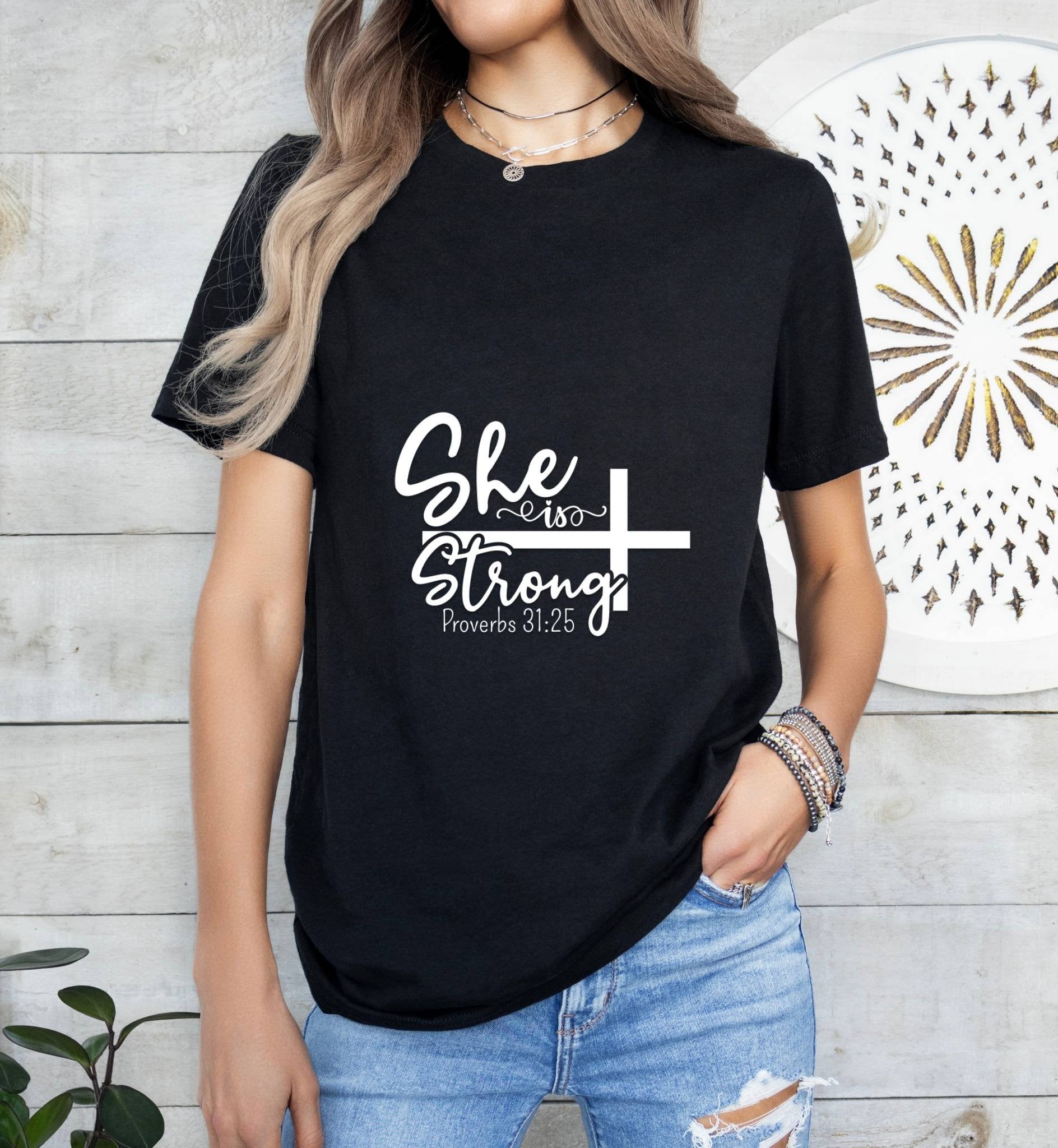 She is Strong Catholic Boho Church Shirt with Inspirational Bible Verse - Jesus Faith Religious - Raiden Gate Design