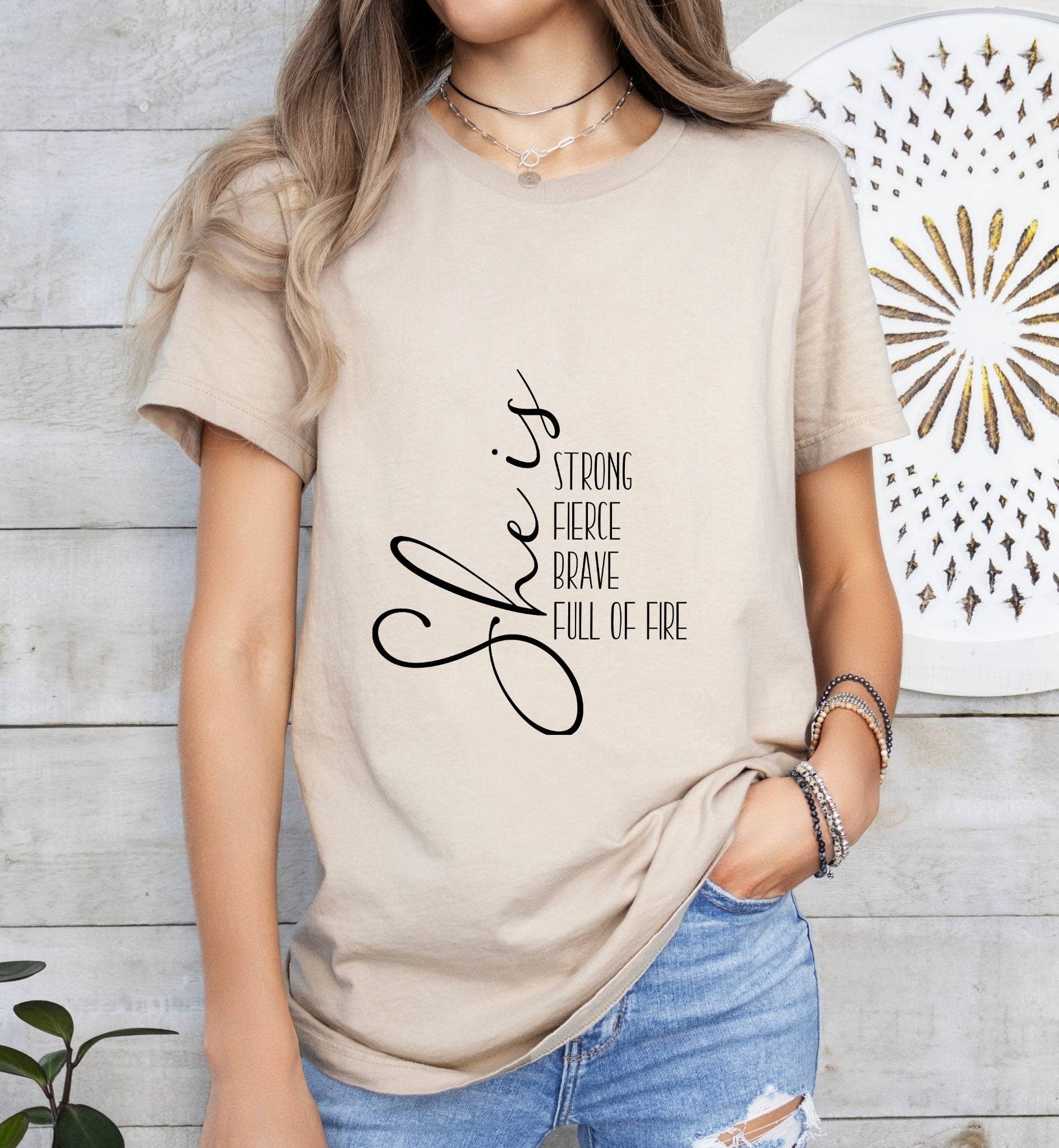 She is Strong, Fierce, Brave, Full of Fire Catholic Boho Church Shirt with Inspirational Bible Verse - Jesus Faith Religious - Raiden Gate Design