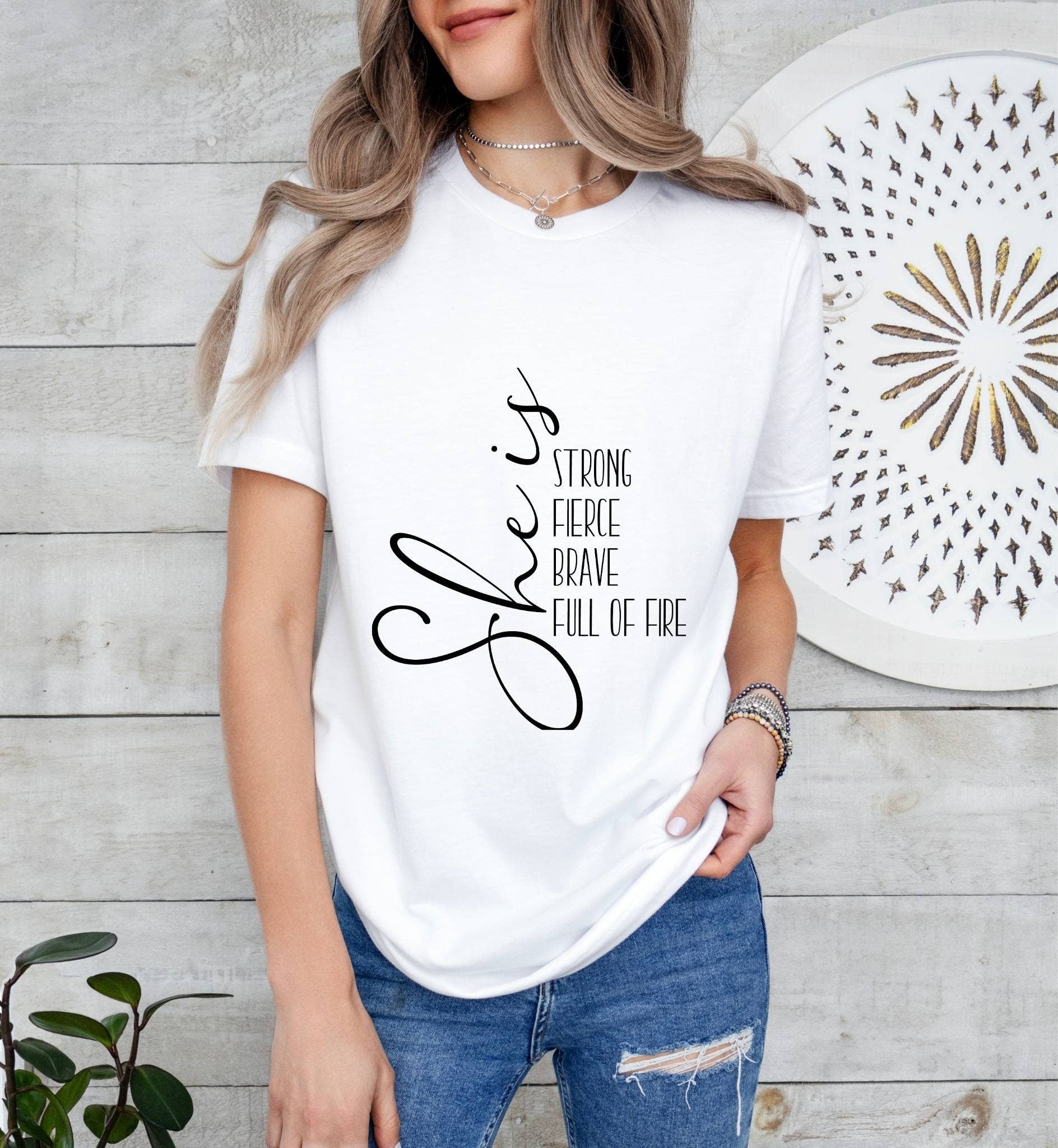 She is Strong, Fierce, Brave, Full of Fire Catholic Boho Church Shirt with Inspirational Bible Verse - Jesus Faith Religious - Raiden Gate Design