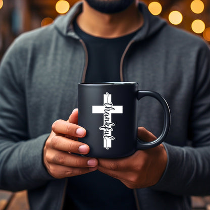 Solid Thankful Cross Mug - Bible Verse Faith Mug - Christian Religious Gift for Him - Dad Mug with Affirmations - Supportive Baptism Gift - Raiden Gate Design