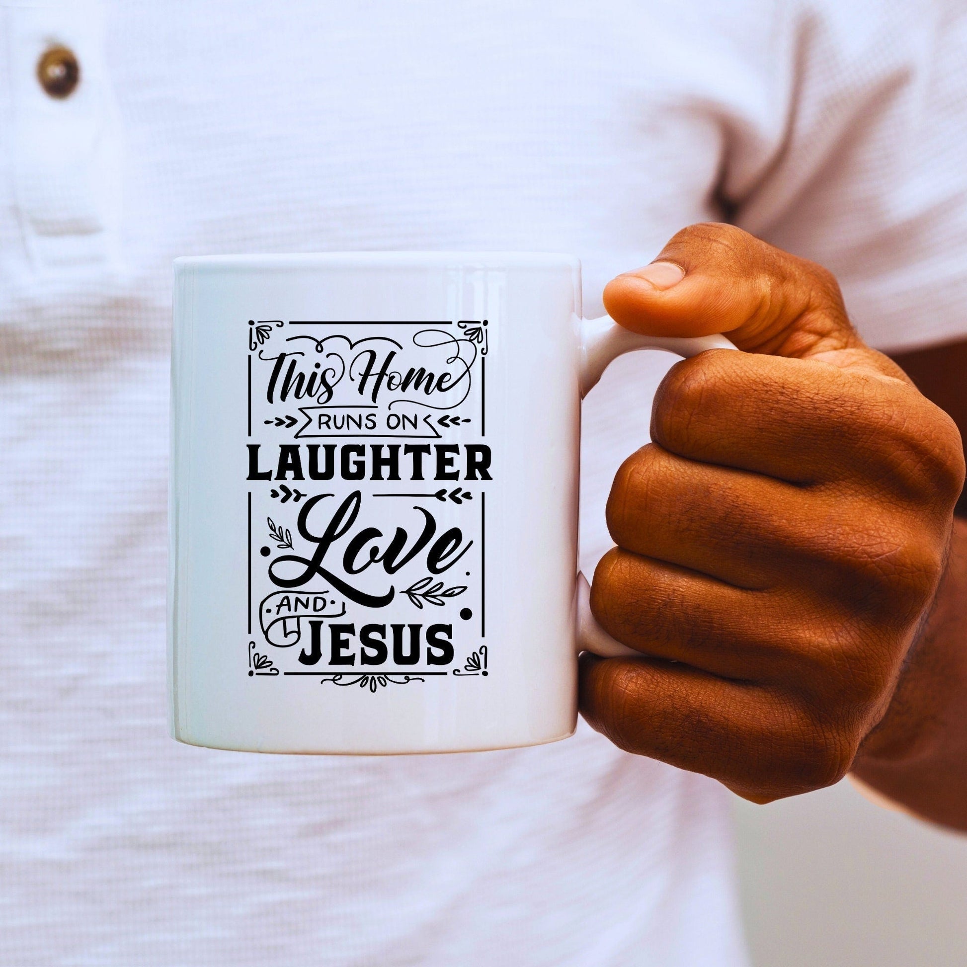 This Home Runs on Laughter - Bible Verse Faith Coffee Mug - Christian Religious Gift - Dad Mug with Affirmations - Supportive Baptism Gift - Raiden Gate Design