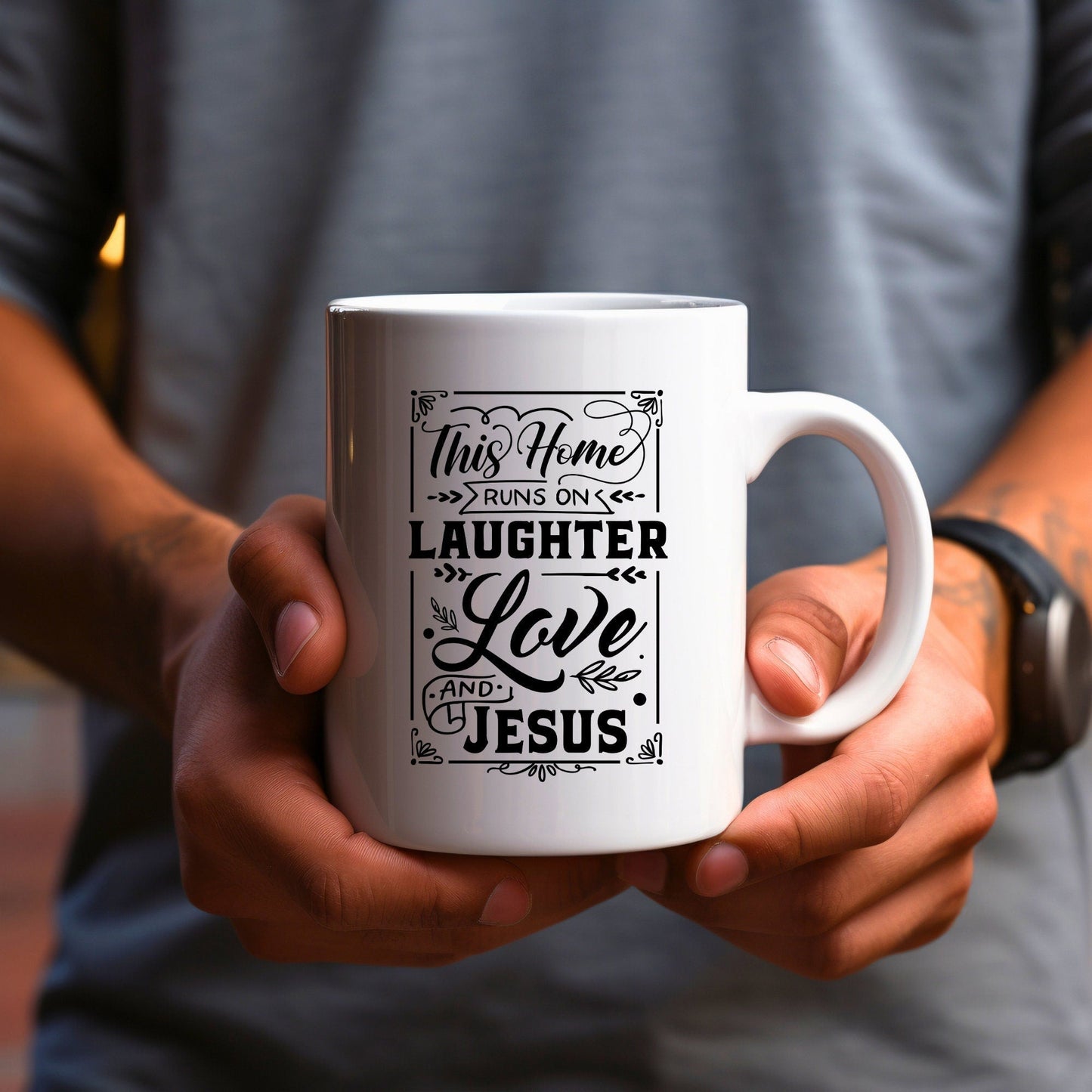 This Home Runs on Laughter - Bible Verse Faith Coffee Mug - Christian Religious Gift - Dad Mug with Affirmations - Supportive Baptism Gift - Raiden Gate Design