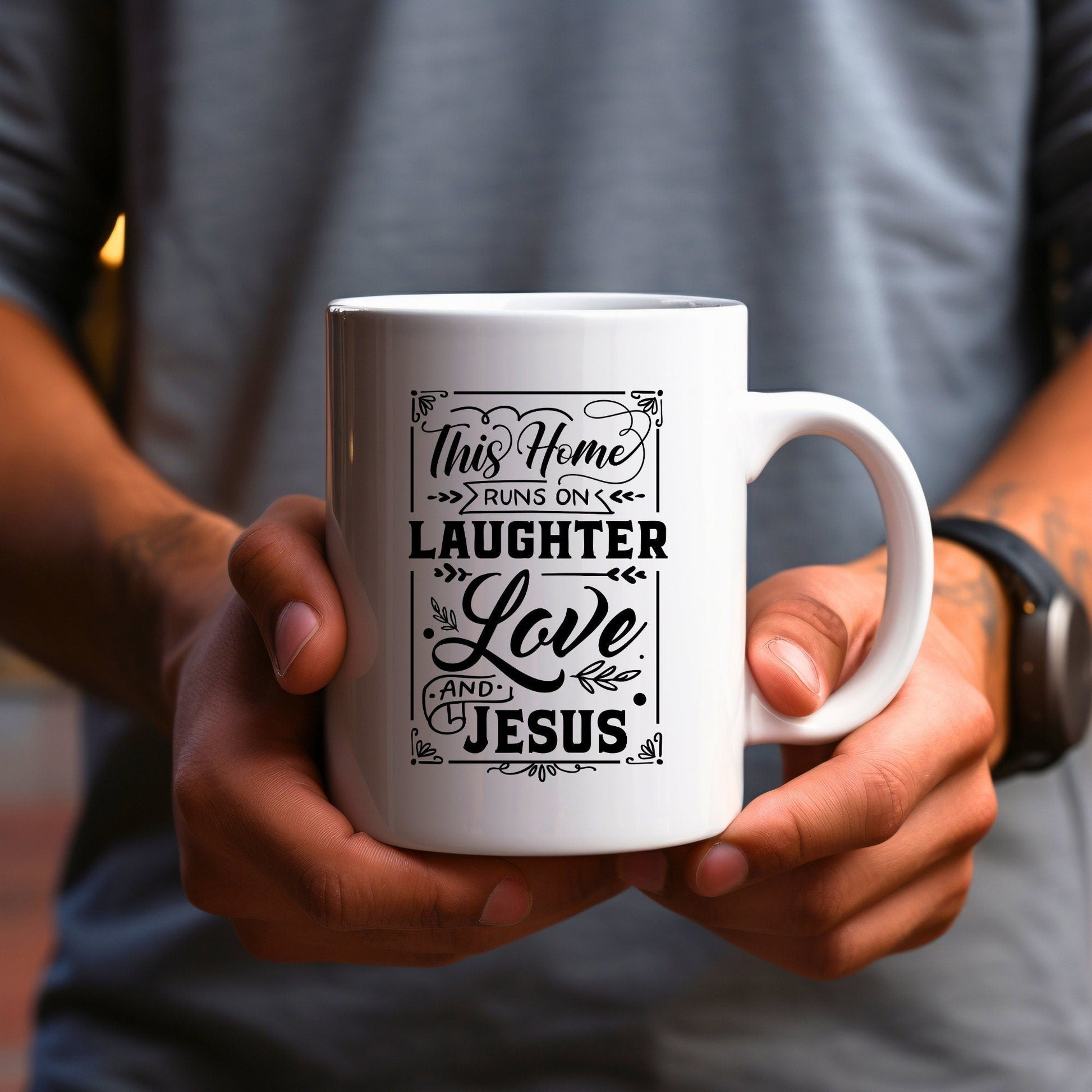This Home Runs on Laughter - Bible Verse Faith Coffee Mug - Christian Religious Gift - Dad Mug with Affirmations - Supportive Baptism Gift - Raiden Gate Design