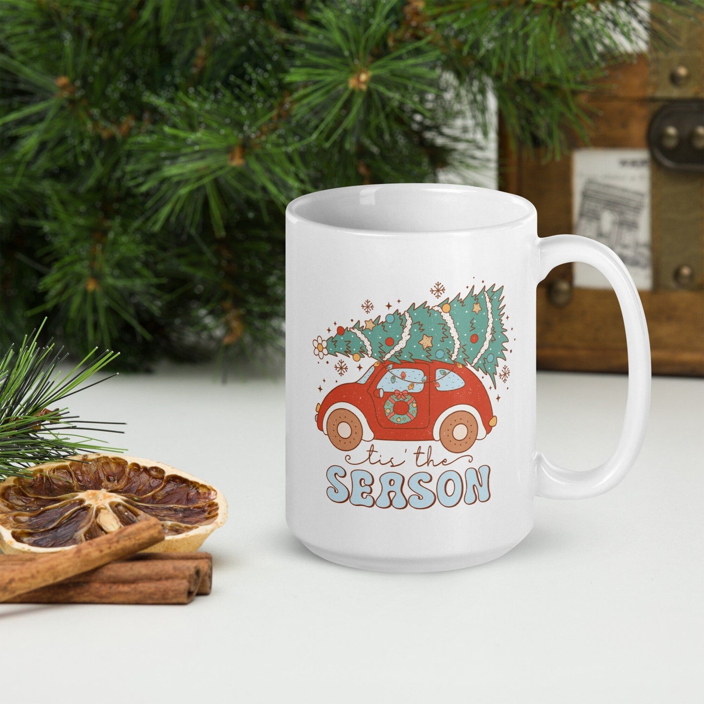 Tis the Season Car Vintage Christmas Coffee Mug | Funny Gnome Christmas Mug | Cute Christmas Season Mug for Kids - Raiden Gate Design