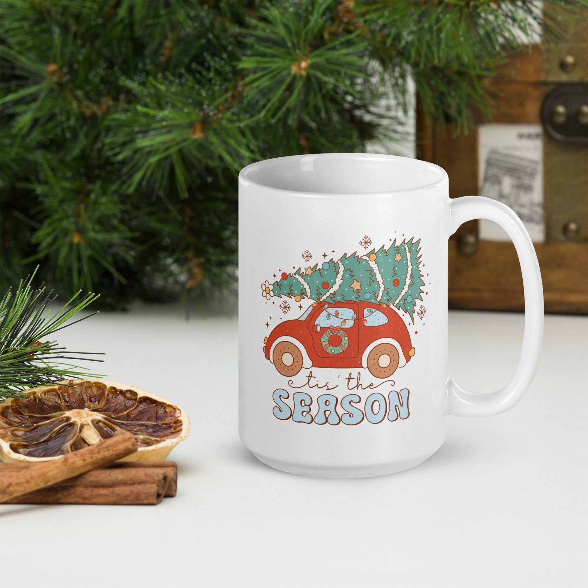 Tis the Season Car Vintage Christmas Coffee Mug | Funny Gnome Christmas Mug | Cute Christmas Season Mug for Kids - Raiden Gate Design