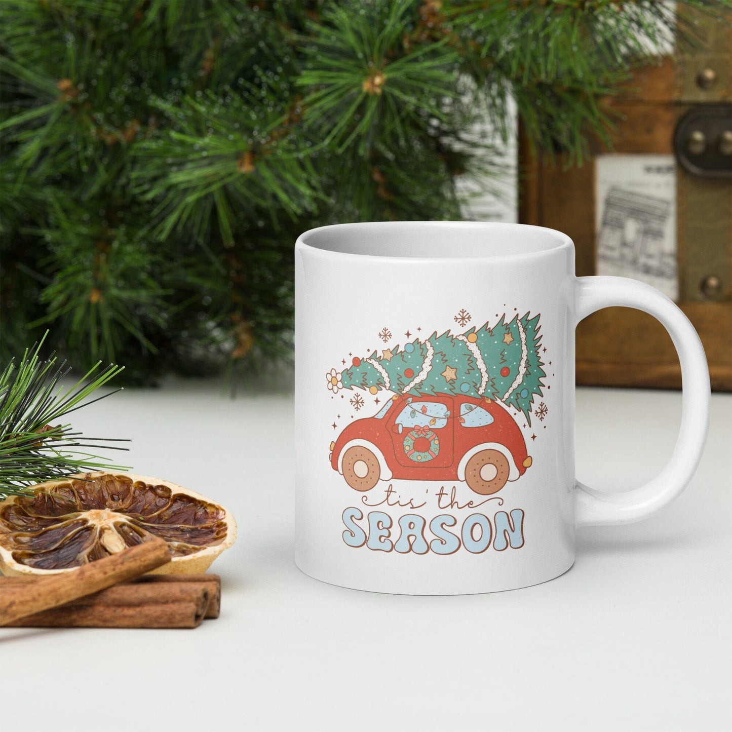 Tis the Season Car Vintage Christmas Coffee Mug | Funny Gnome Christmas Mug | Cute Christmas Season Mug for Kids - Raiden Gate Design