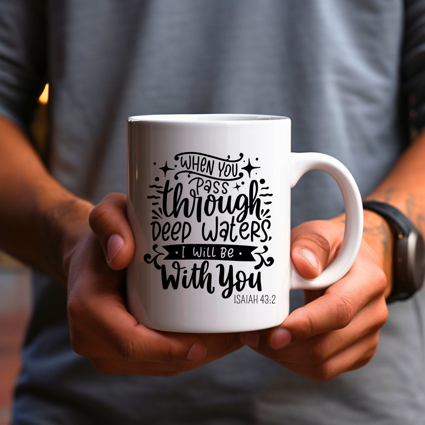 When you pass through deep waters - Bible Verse Faith Mug - Christian Religious Gift - Dad Mug with Affirmations - Supportive Baptism Gift - Raiden Gate Design