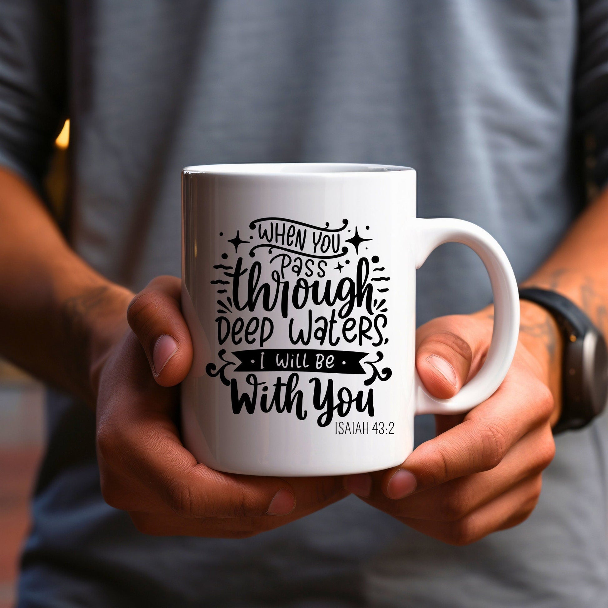 When you pass through deep waters - Bible Verse Faith Mug - Christian Religious Gift - Dad Mug with Affirmations - Supportive Baptism Gift - Raiden Gate Design