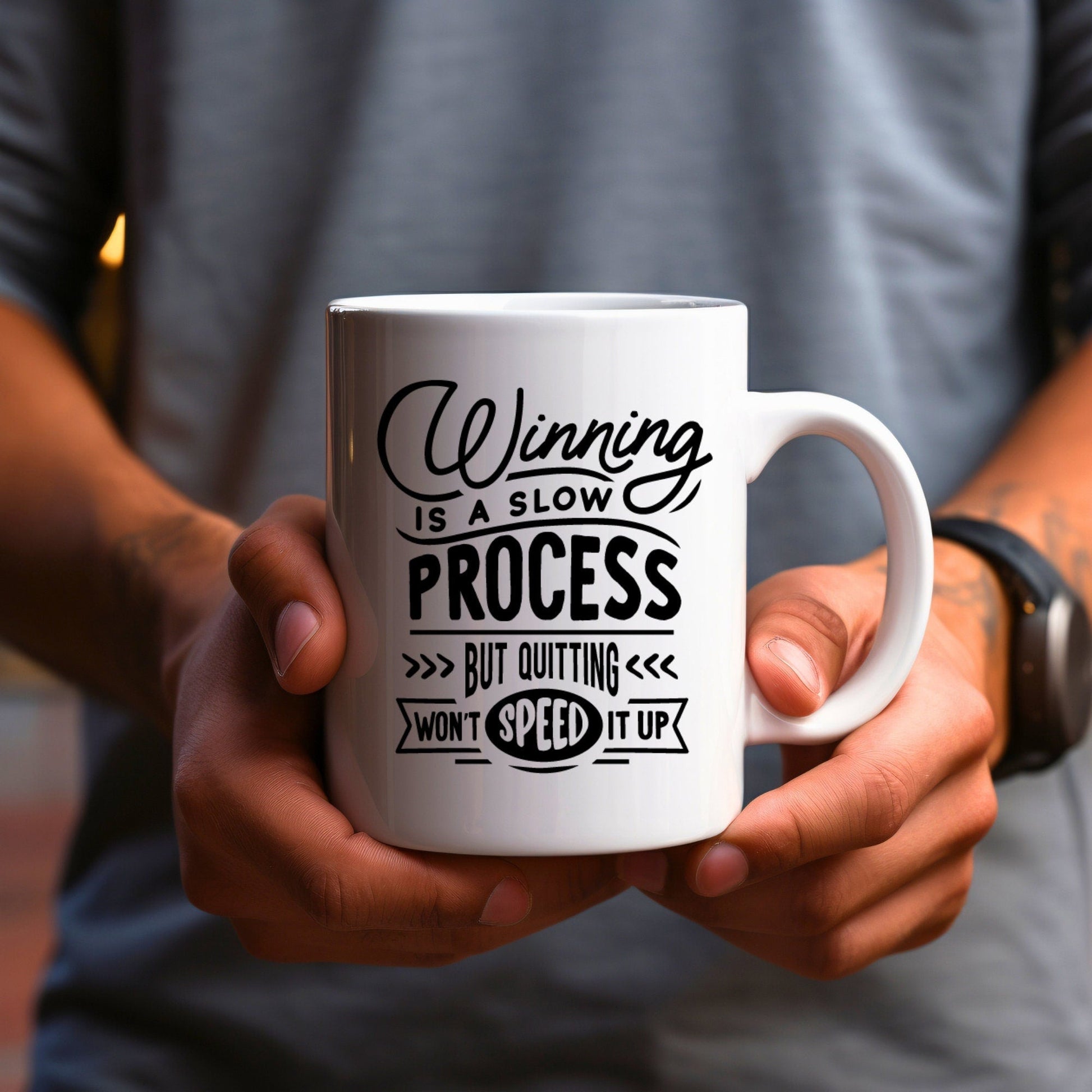 Winning is a slow process - Bible Verse Faith Mug - Christian Religious Gift for Him - Dad Mug with Affirmations - Supportive Baptism Gift - Raiden Gate Design