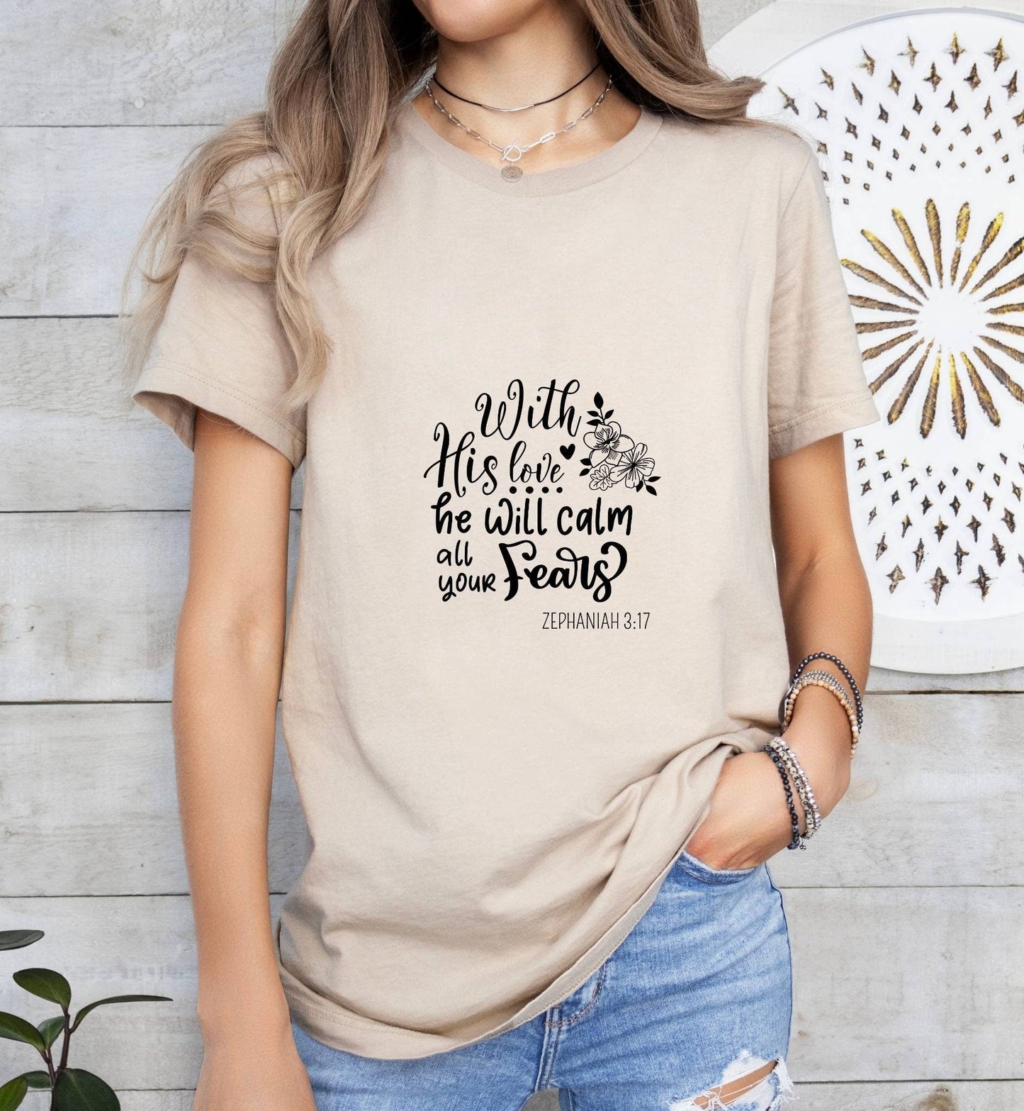With His Love He Will Calm All Your Fears Catholic Boho Church Shirt with Inspirational Bible Verse - Jesus Faith Religious - Raiden Gate Design